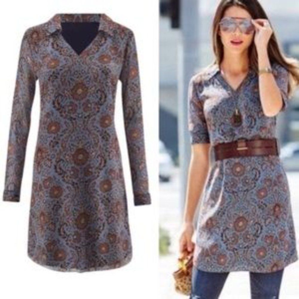 CAbi Provincial Dress Womens Size XS Long Sleeve Floral V Neck Sheath Boho Lined